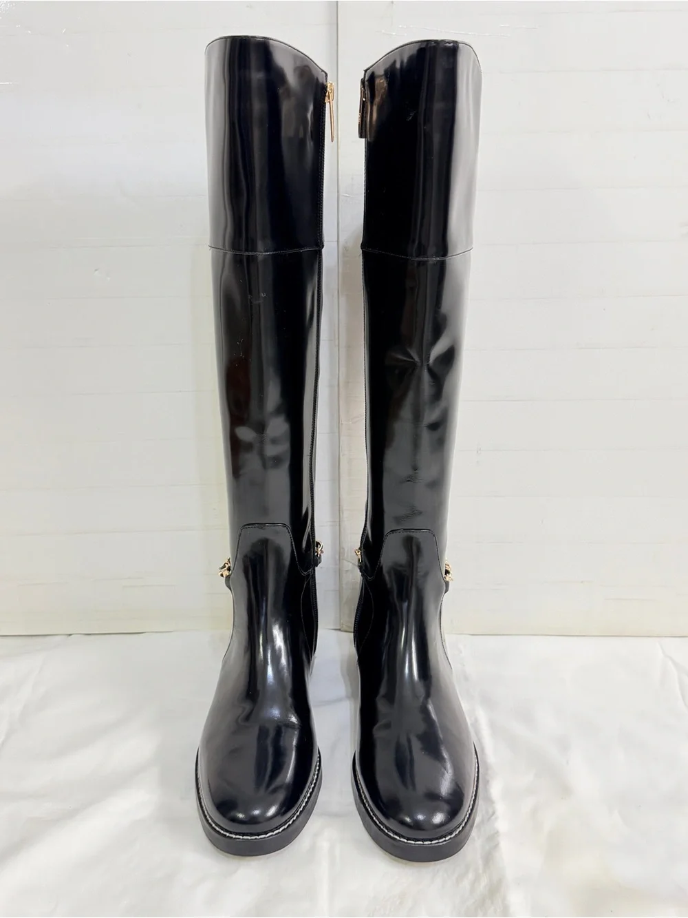 NEW L’Agence Black Patent Knee-High Boots with Gold Chain Accent, Size 7.5